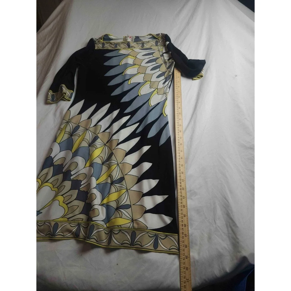 Donna Morgan Dress Womens Size‎ 4 Multicolor Peacock Print Shift Boat Neck Midi